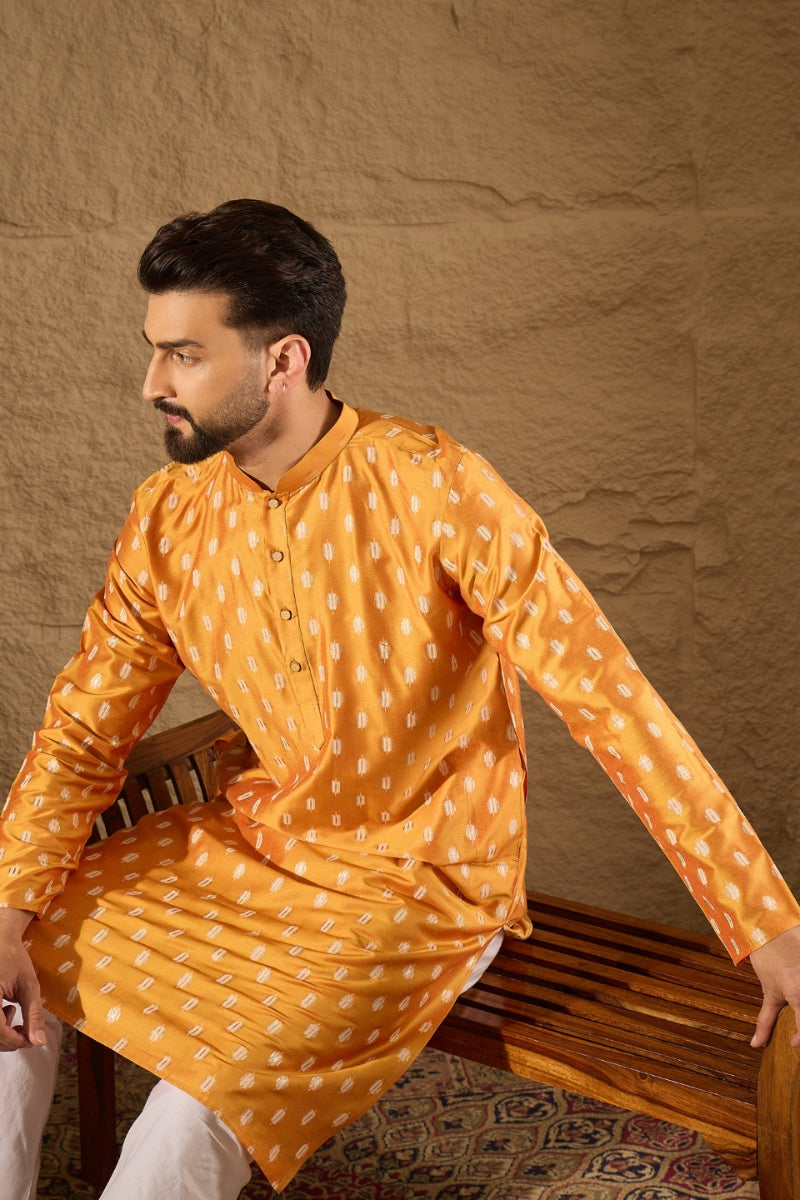 Yellow Silk Blend Ikat Printed Straight Kurta HOPMKU1298
