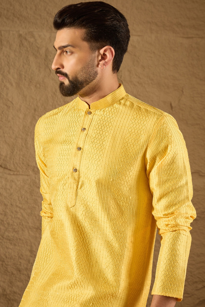Yellow Viscose Rayon Embroidered Mandarin Collar Straight Kurta MKU1300