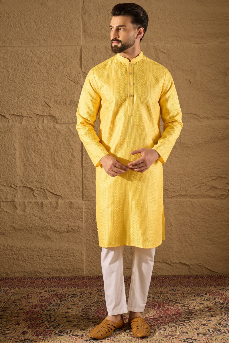 Yellow Viscose Rayon Embroidered Mandarin Collar Straight Kurta MKU1300