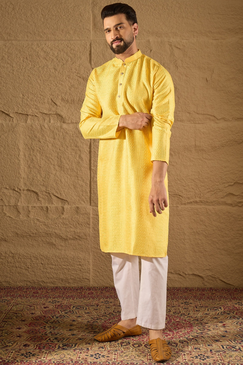 Yellow Viscose Rayon Embroidered Mandarin Collar Straight Kurta MKU1300