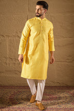 Yellow Viscose Rayon Embroidered Mandarin Collar Straight Kurta MKU1300