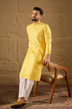 Yellow Viscose Rayon Embroidered Mandarin Collar Straight Kurta MKU1300
