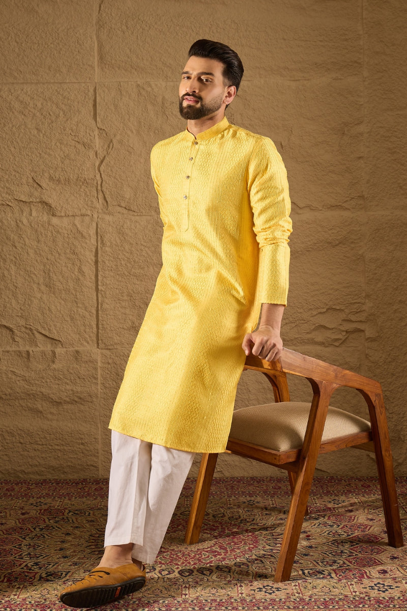 Yellow Viscose Rayon Embroidered Mandarin Collar Straight Kurta MKU1300