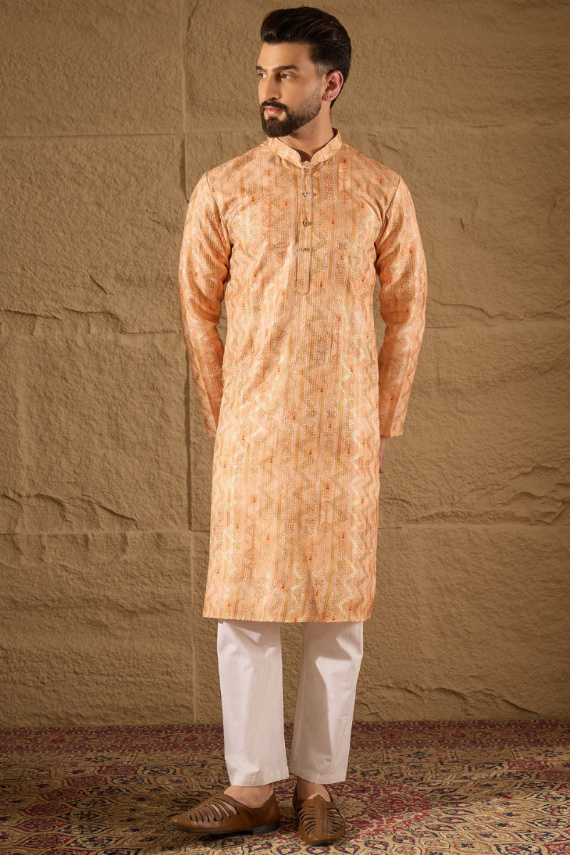 Orange Silk Blend Ethnic Motifs Embroidered Straight Kurta HOPMKU1301