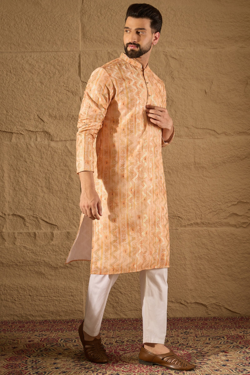 Orange Silk Blend Ethnic Motifs Embroidered Straight Kurta HOPMKU1301