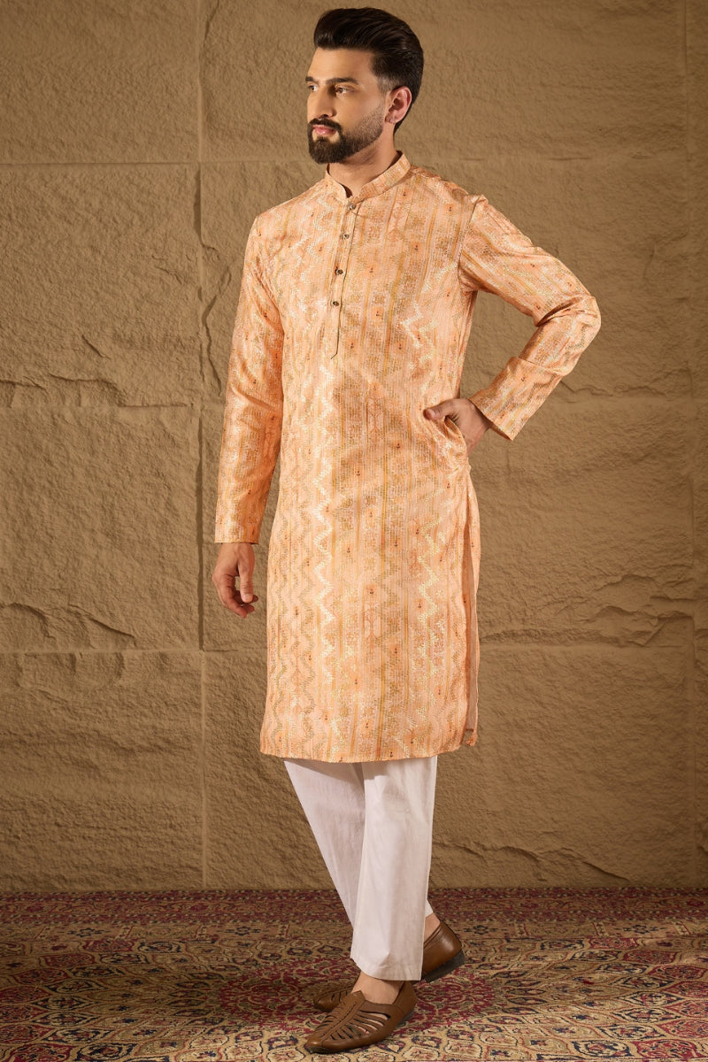 Orange Silk Blend Ethnic Motifs Embroidered Straight Kurta HOPMKU1301
