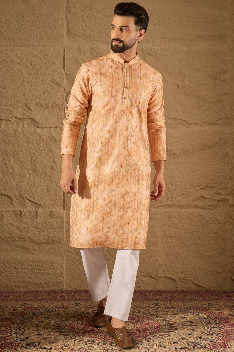 Orange Silk Blend Ethnic Motifs Embroidered Straight Kurta HOPMKU1301