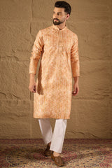 Orange Silk Blend Ethnic Motifs Embroidered Straight Kurta HOPMKU1301