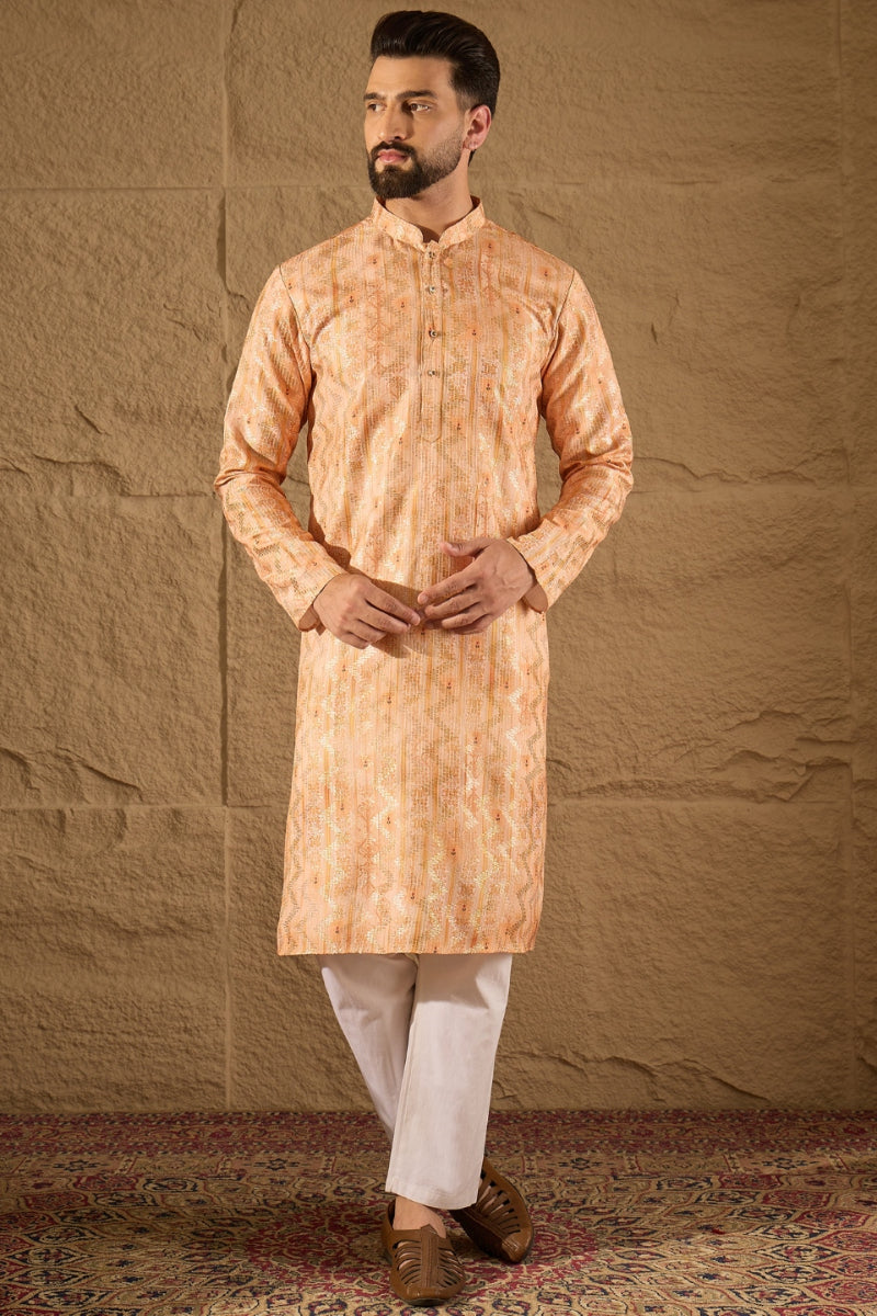 Orange Silk Blend Ethnic Motifs Embroidered Straight Kurta HOPMKU1301