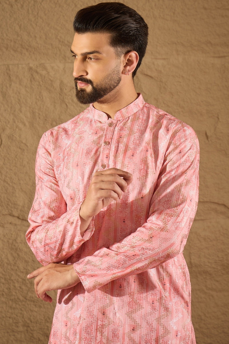 Pink Silk Blend Ethnic Motifs Embroidered Straight Kurta HOPMKU1303