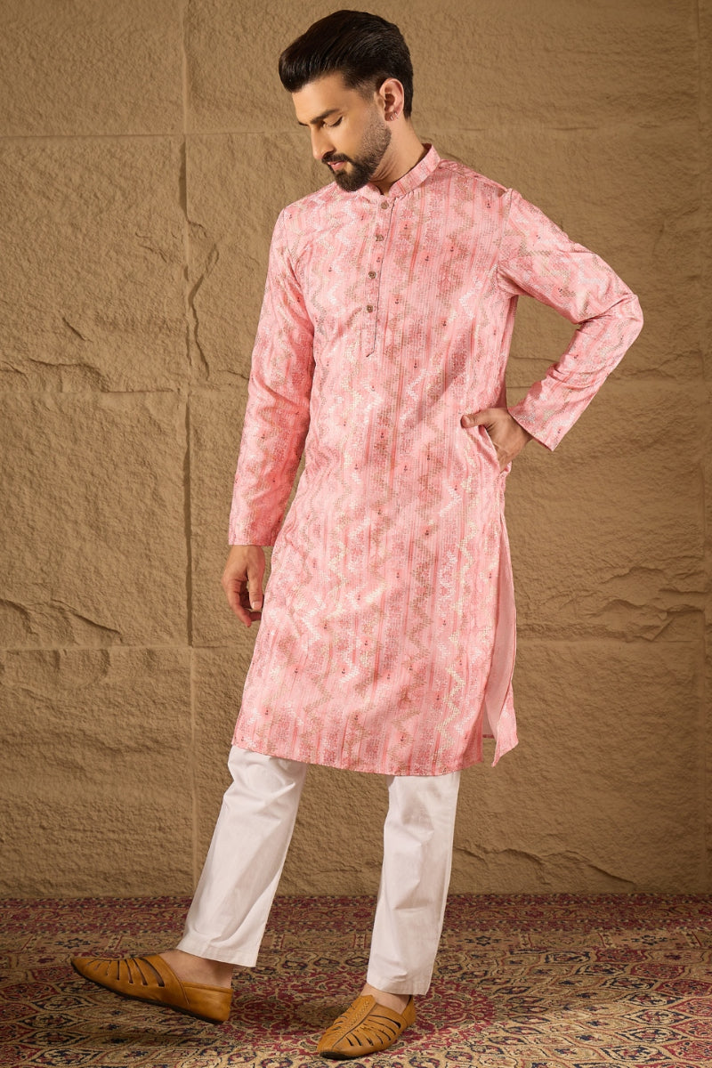 Pink Silk Blend Ethnic Motifs Embroidered Straight Kurta HOPMKU1303