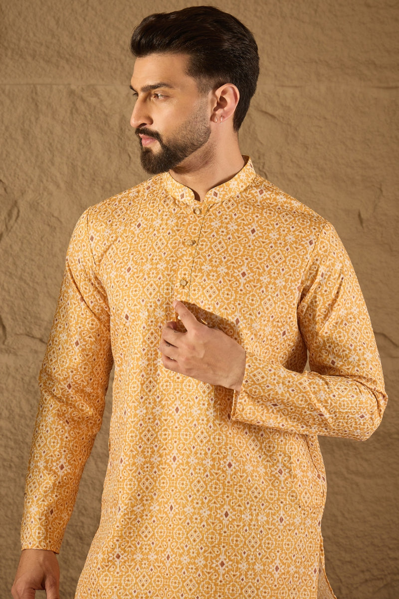 Yellow Silk Blend Ethnic Motif Embroidered Straight Kurta HOPMKU1304