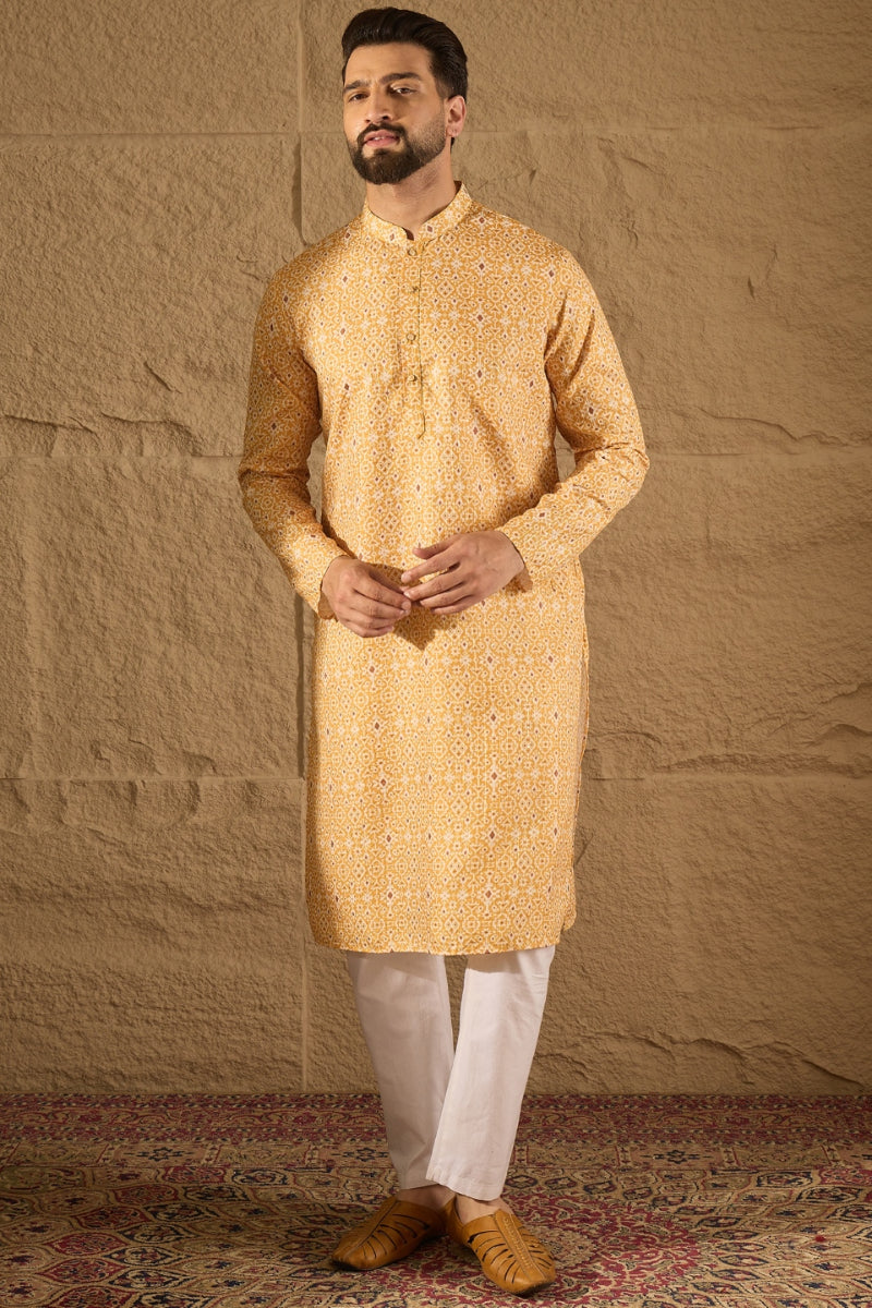 Yellow Silk Blend Ethnic Motif Embroidered Straight Kurta HOPMKU1304