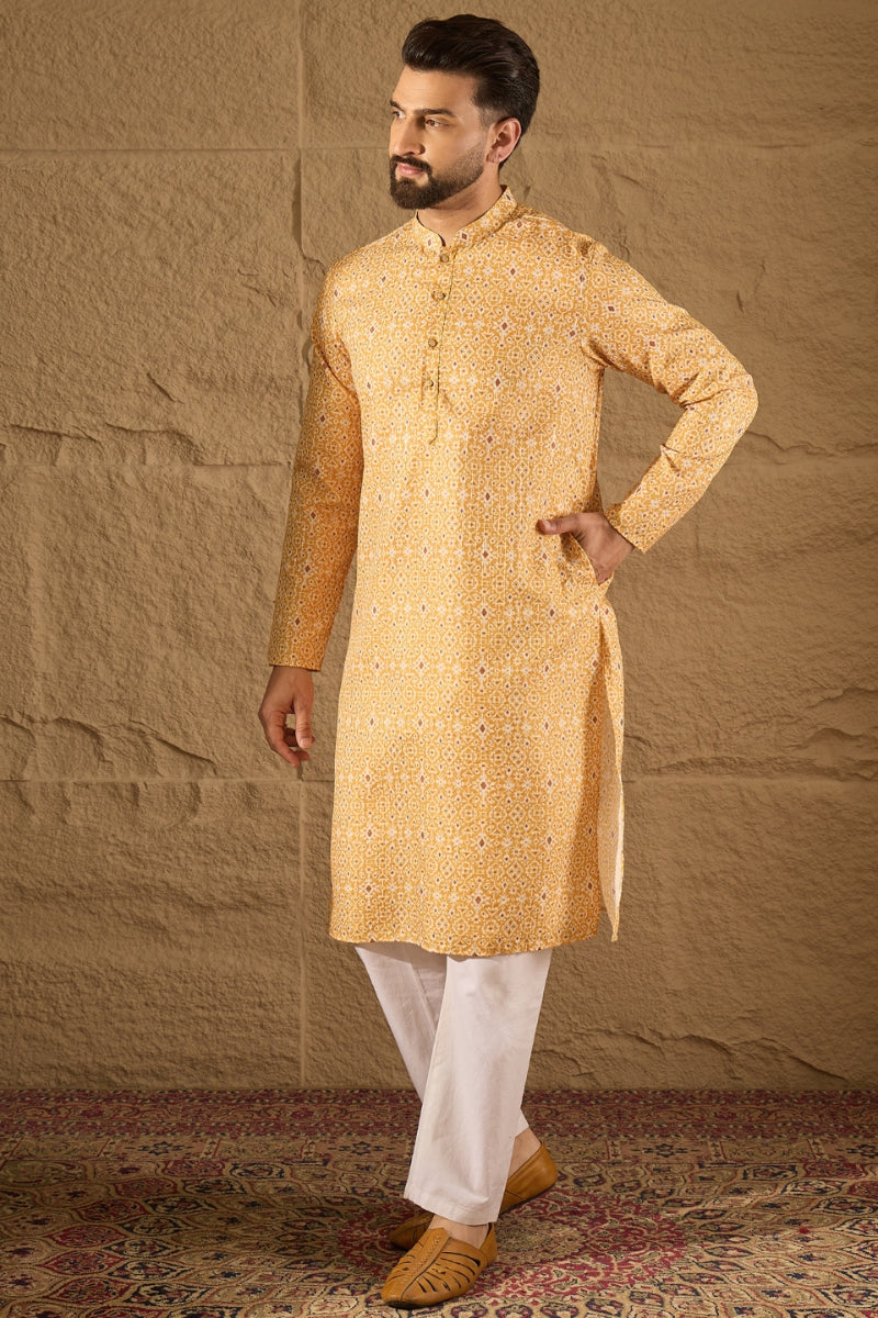 Yellow Silk Blend Ethnic Motif Embroidered Straight Kurta HOPMKU1304