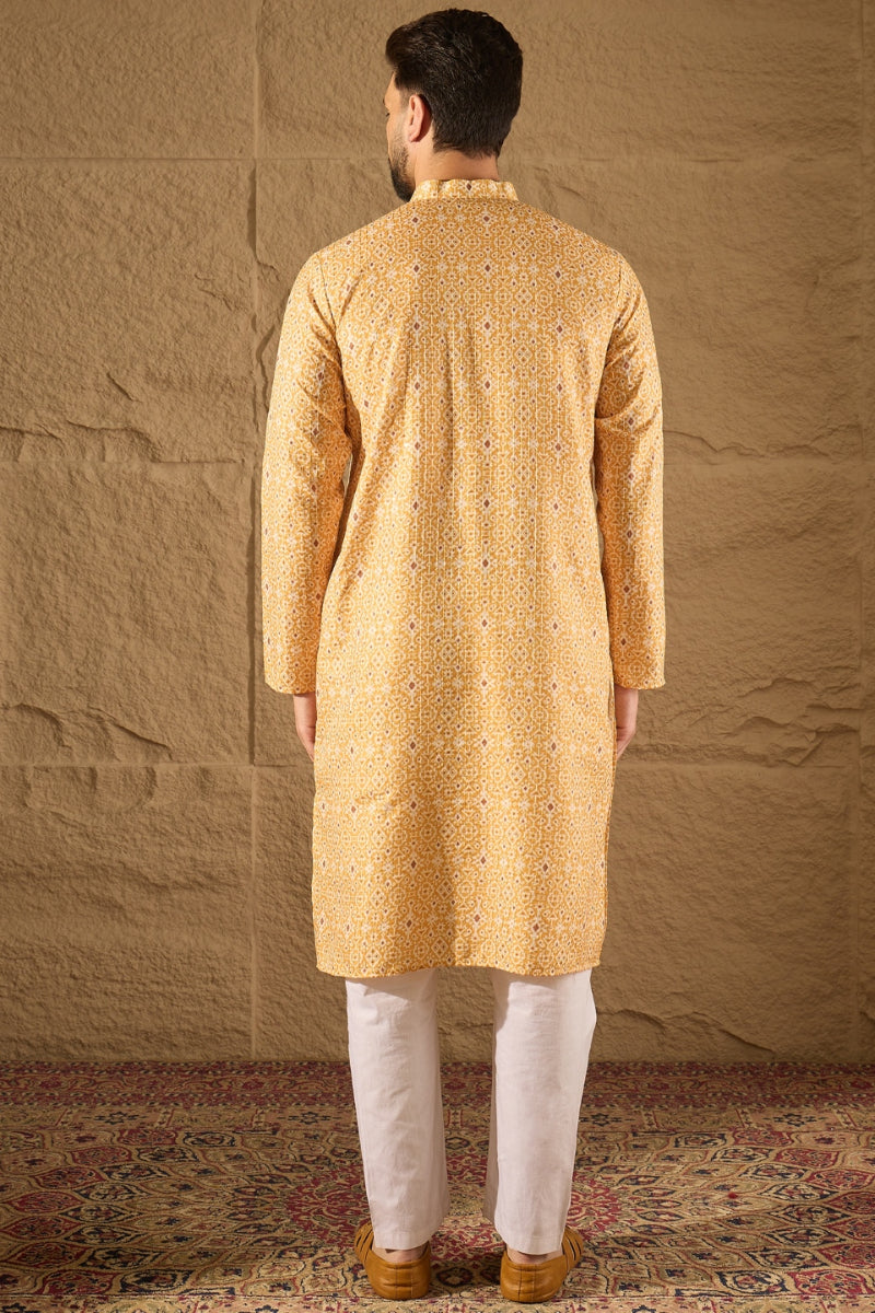 Yellow Silk Blend Ethnic Motif Embroidered Straight Kurta HOPMKU1304