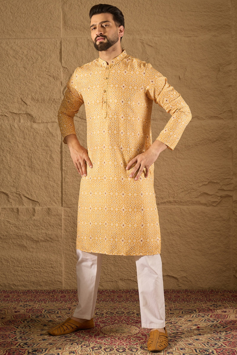 Yellow Silk Blend Ethnic Motif Embroidered Straight Kurta HOPMKU1304