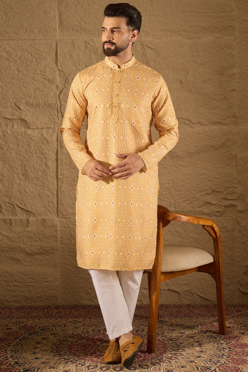 Yellow Silk Blend Ethnic Motif Embroidered Straight Kurta HOPMKU1304
