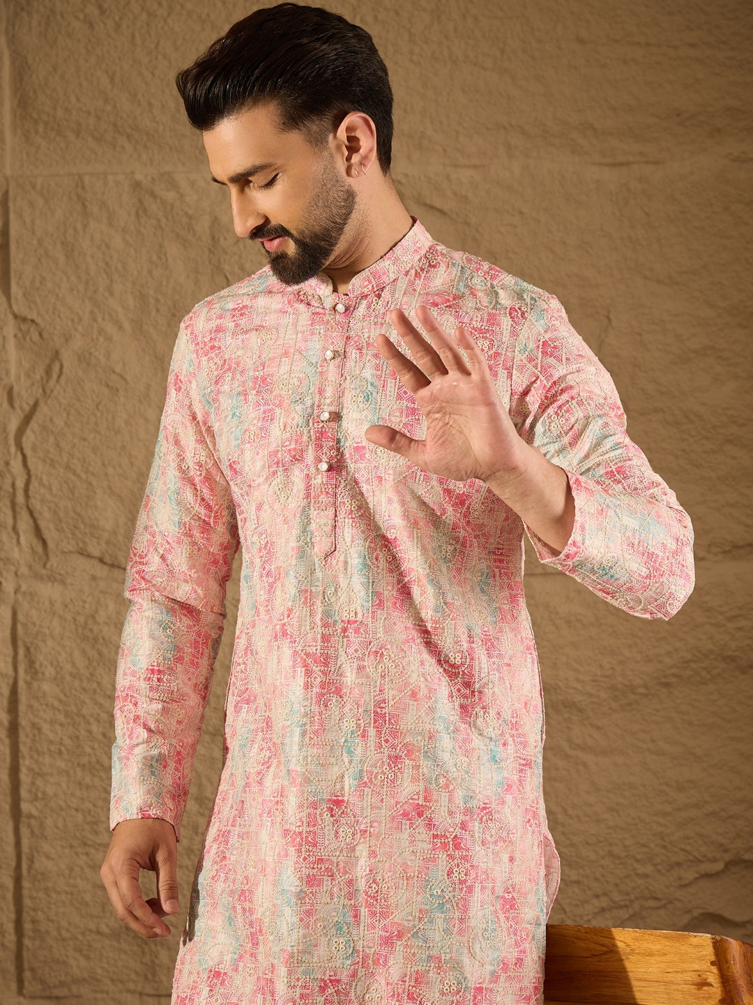Men Multi Viscose Ethnic Motifs Printed Straight Kurta-MKU1308