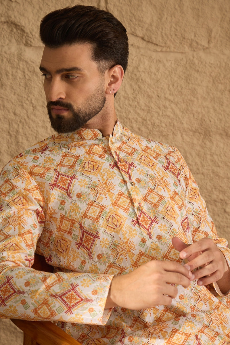 White Silk Blend Geometric Embroidered Straight Kurta HOPMKU1310