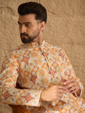 Men White Silk Blend Geometric Embroidered Straight Kurta-MKU1310