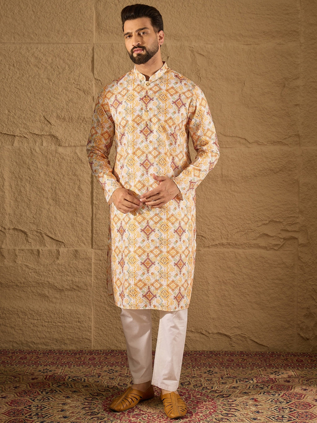 Men White Silk Blend Geometric Embroidered Straight Kurta-MKU1310