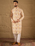 Men White Silk Blend Geometric Embroidered Straight Kurta-MKU1310