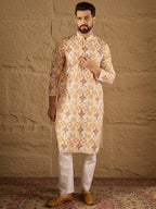 Men White Silk Blend Geometric Embroidered Straight Kurta-MKU1310