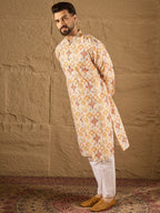 Men White Silk Blend Geometric Embroidered Straight Kurta-MKU1310