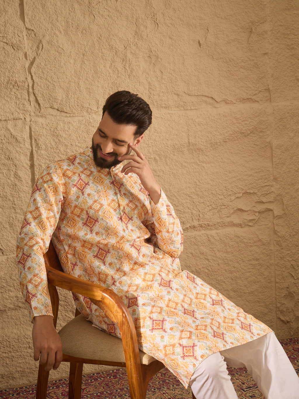 Men White Silk Blend Geometric Embroidered Straight Kurta-MKU1310