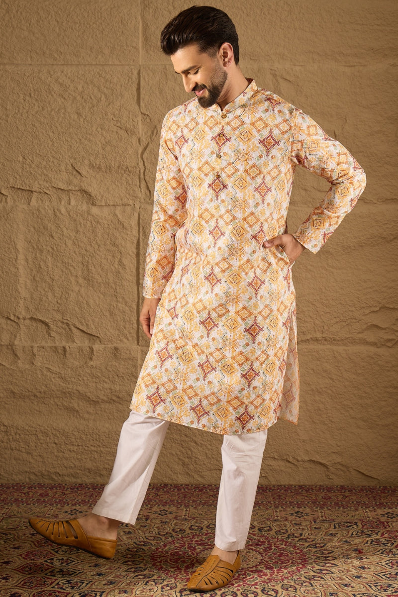 White Silk Blend Geometric Embroidered Straight Kurta HOPMKU1310