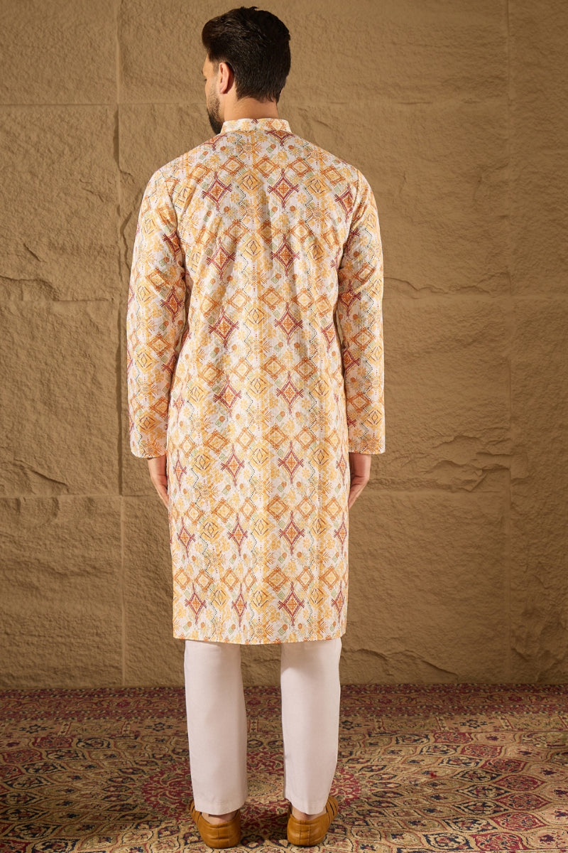 White Silk Blend Geometric Embroidered Straight Kurta HOPMKU1310