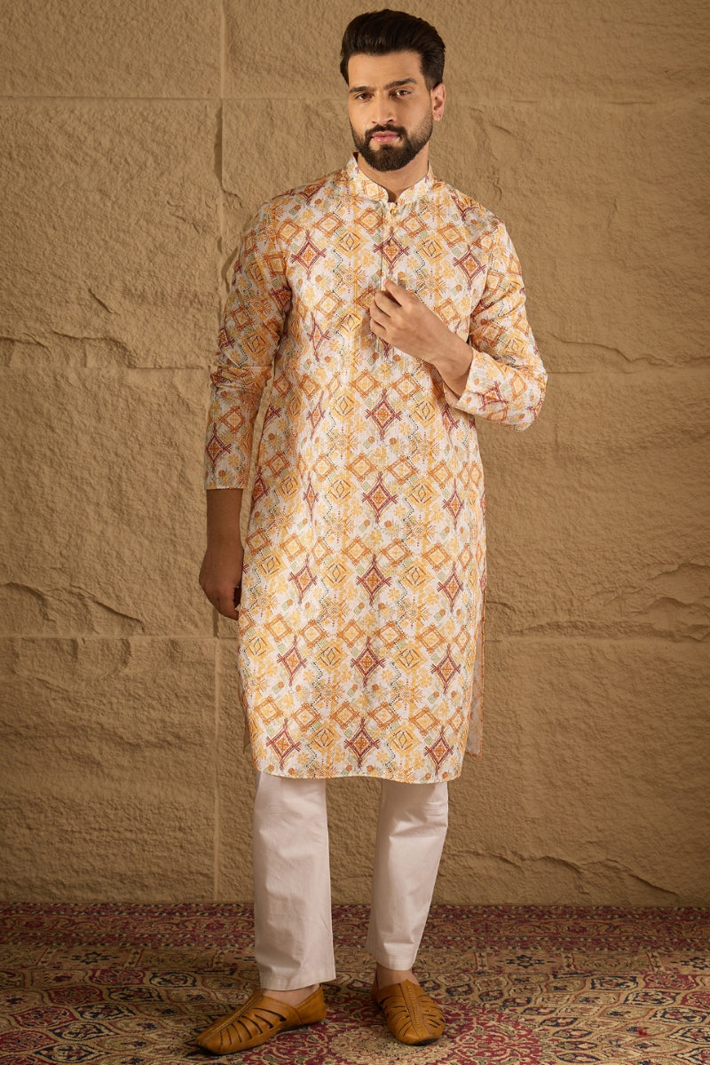 White Silk Blend Geometric Embroidered Straight Kurta HOPMKU1310