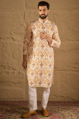 White Silk Blend Geometric Embroidered Straight Kurta HOPMKU1310
