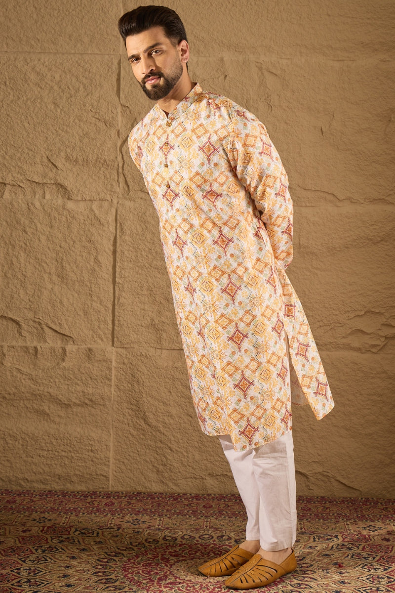 White Silk Blend Geometric Embroidered Straight Kurta HOPMKU1310
