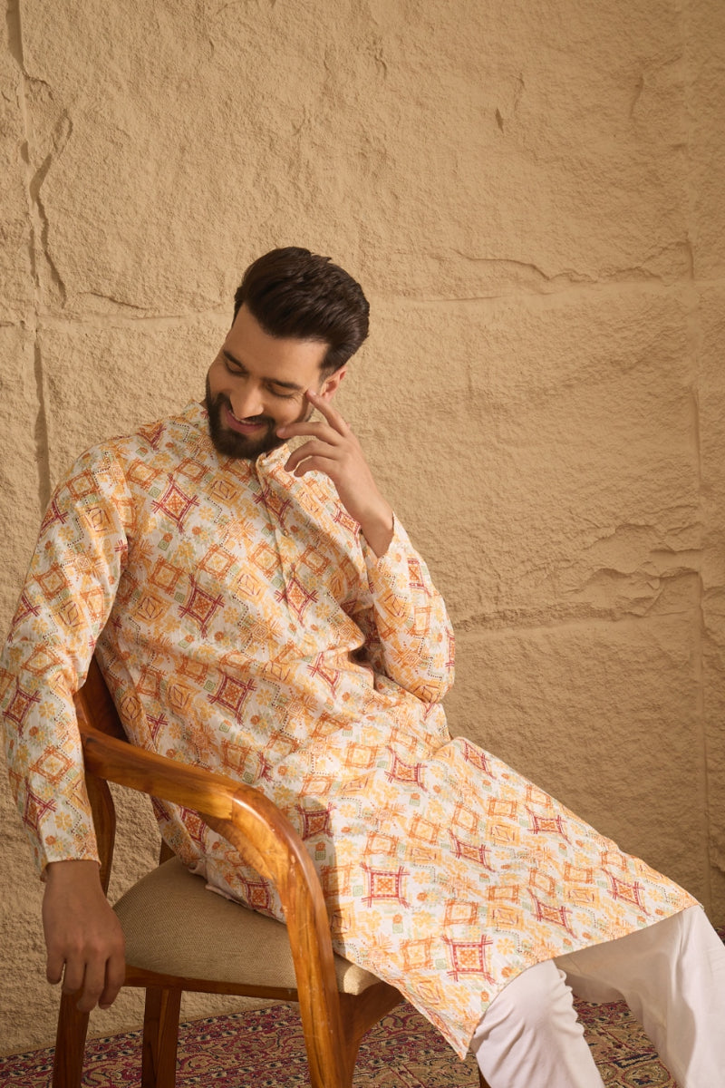 White Silk Blend Geometric Embroidered Straight Kurta HOPMKU1310
