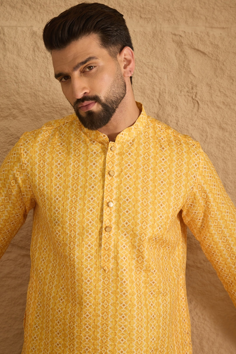 Yellow Silk Blend Geometric Embroidered Straight Kurta HOPMKU1313