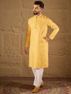 Men Yellow Silk Blend Geometric Embroidered Straight Kurta-MKU1313