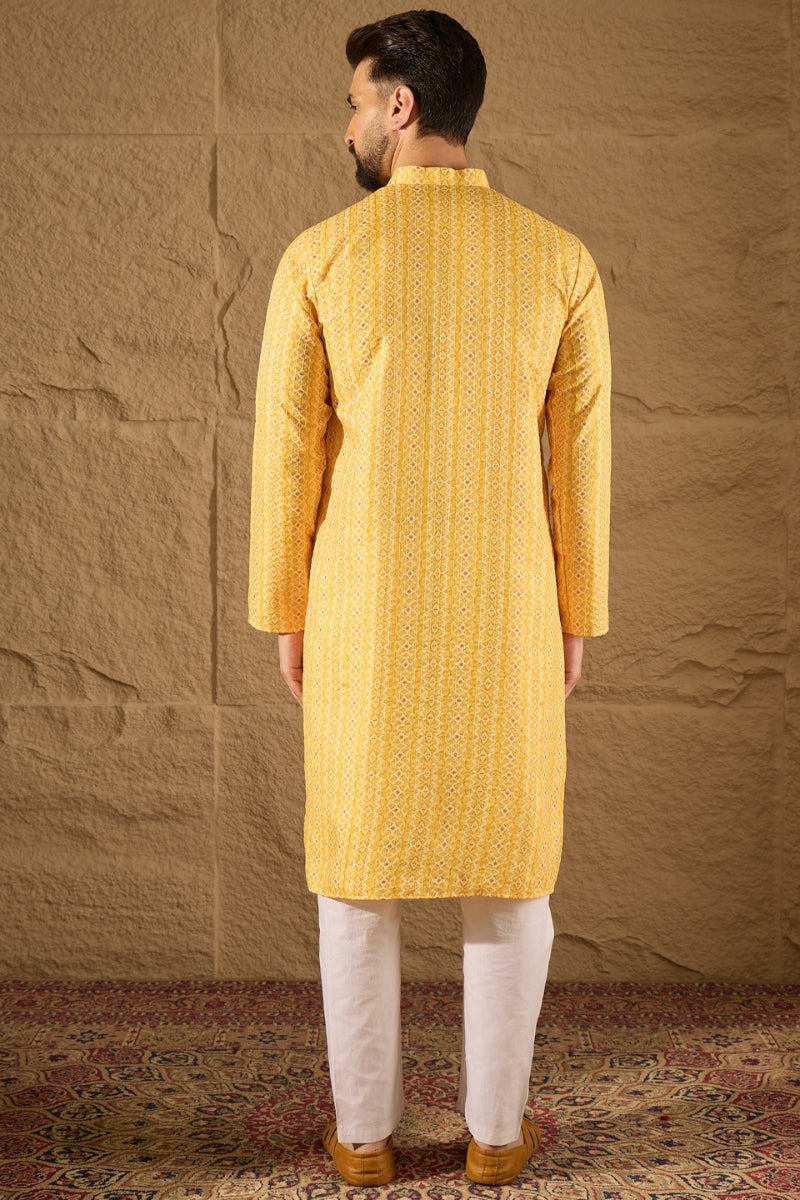 Yellow Silk Blend Geometric Embroidered Straight Kurta HOPMKU1313