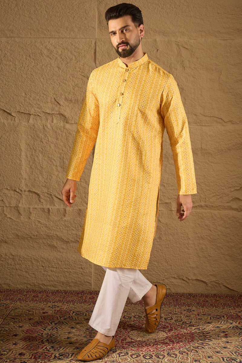 Yellow Silk Blend Geometric Embroidered Straight Kurta HOPMKU1313