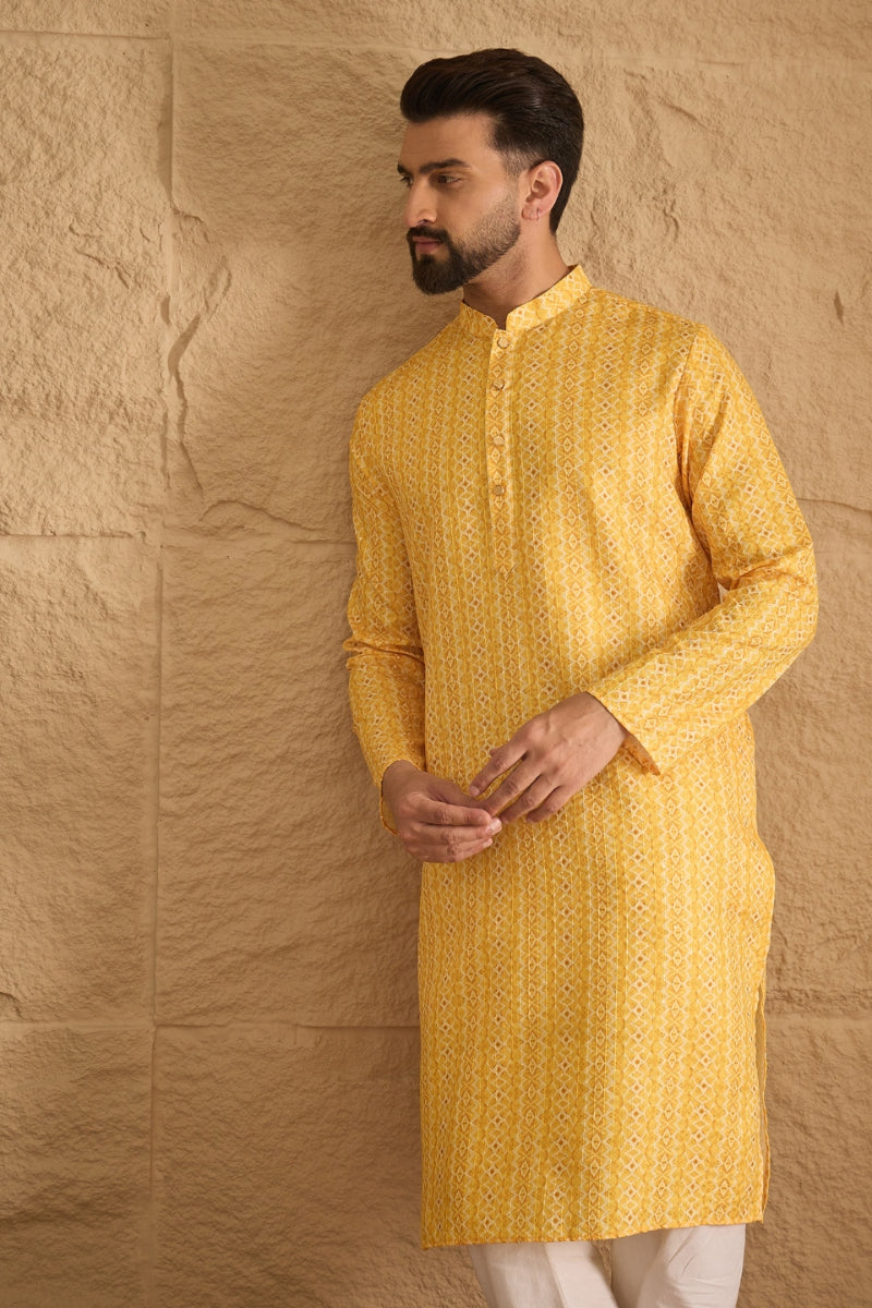 Yellow Silk Blend Geometric Embroidered Straight Kurta HOPMKU1313