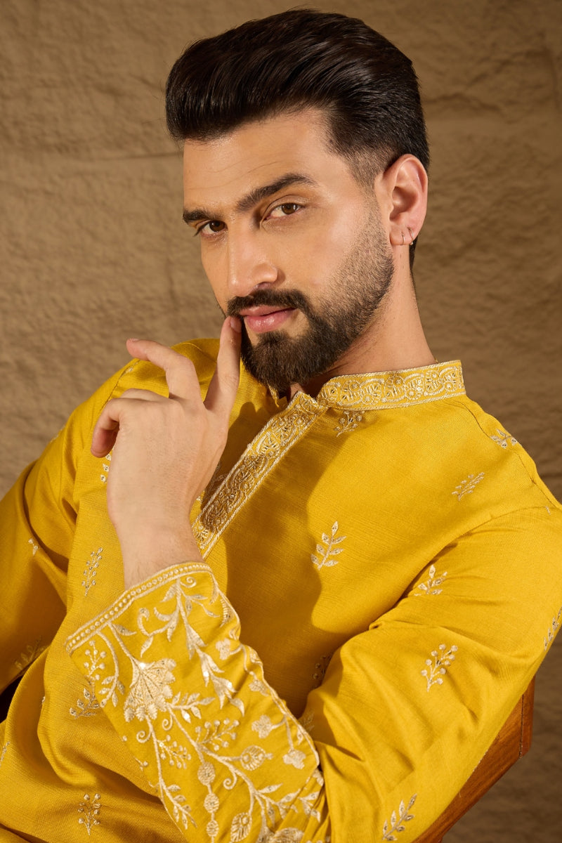 Yellow Chanderi Silk Embroidered Straight Kurta HOPMKU1314