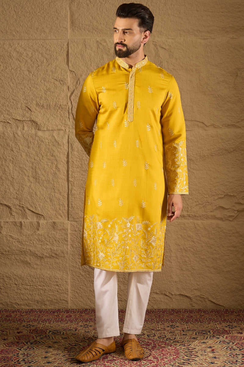Yellow Chanderi Silk Embroidered Straight Kurta HOPMKU1314