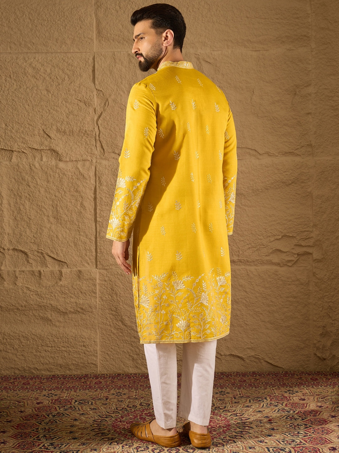 Men Yellow Verican Solid Embroidered Straight Kurta-MKU1314