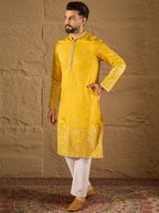 Men Yellow Verican Solid Embroidered Straight Kurta-MKU1314
