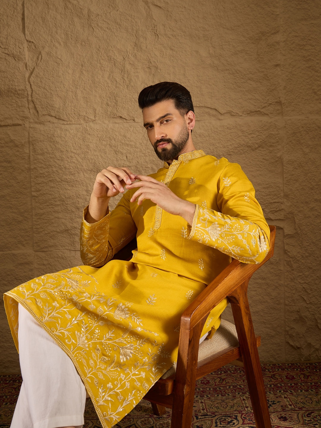 Men Yellow Verican Solid Embroidered Straight Kurta-MKU1314