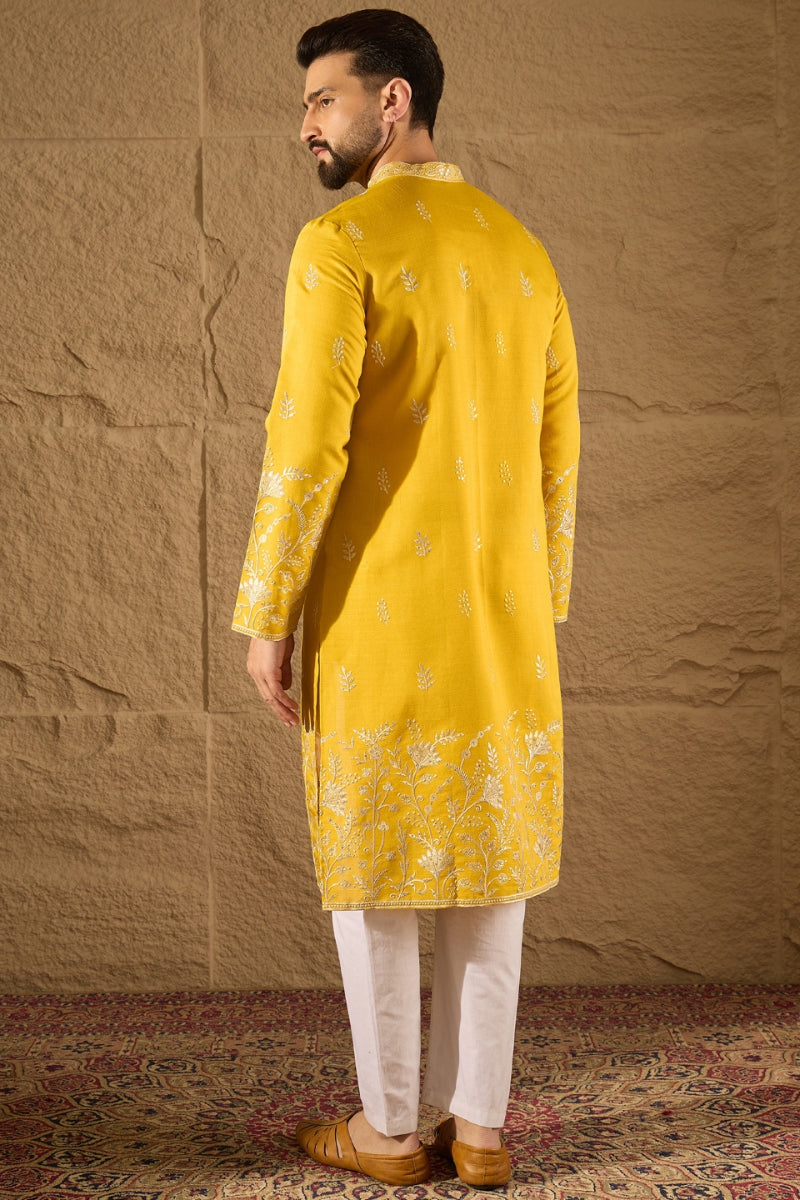 Yellow Chanderi Silk Embroidered Straight Kurta HOPMKU1314