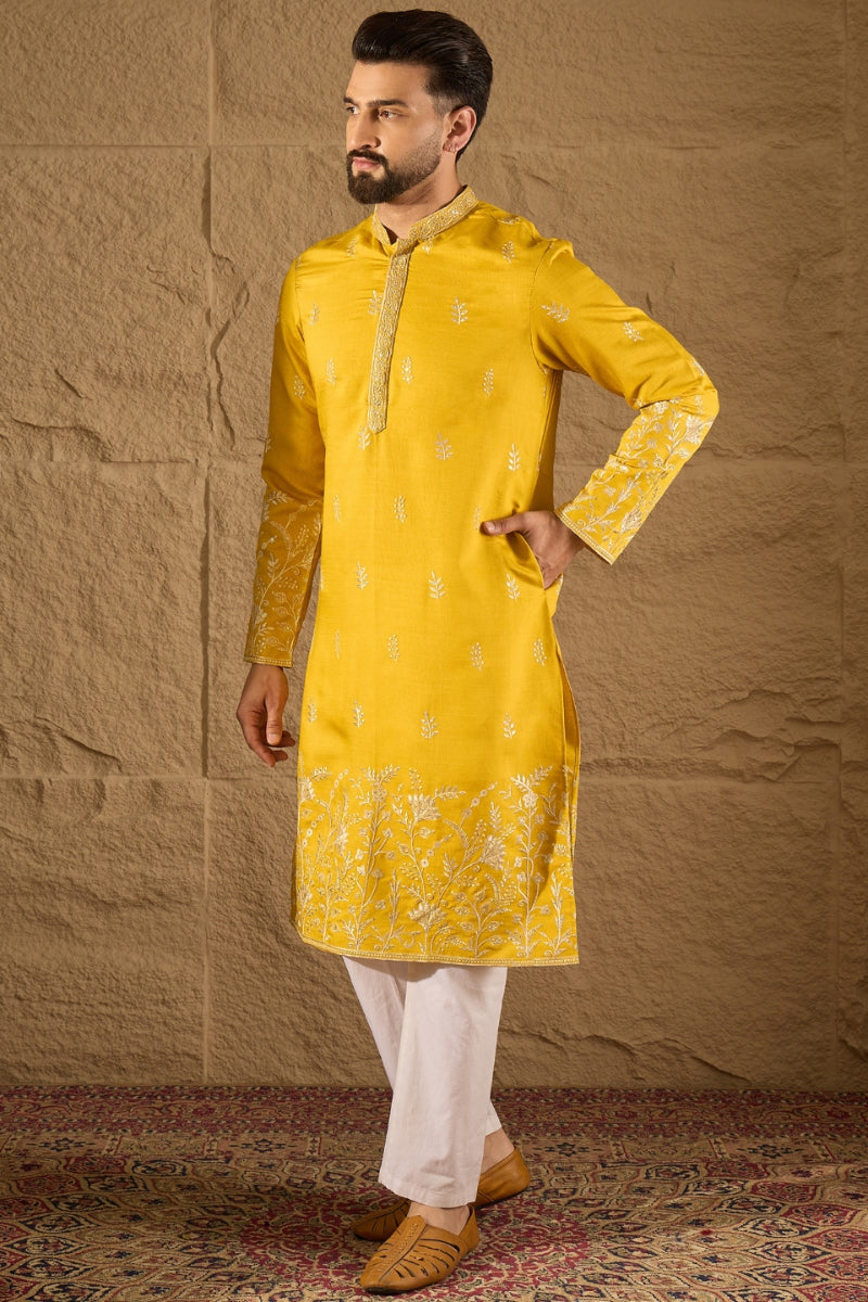 Yellow Chanderi Silk Embroidered Straight Kurta HOPMKU1314