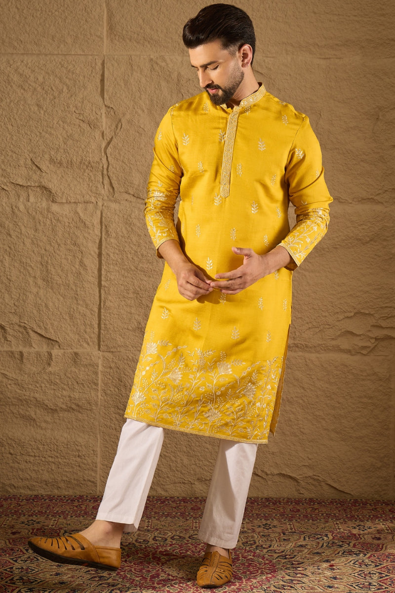 Yellow Chanderi Silk Embroidered Straight Kurta HOPMKU1314