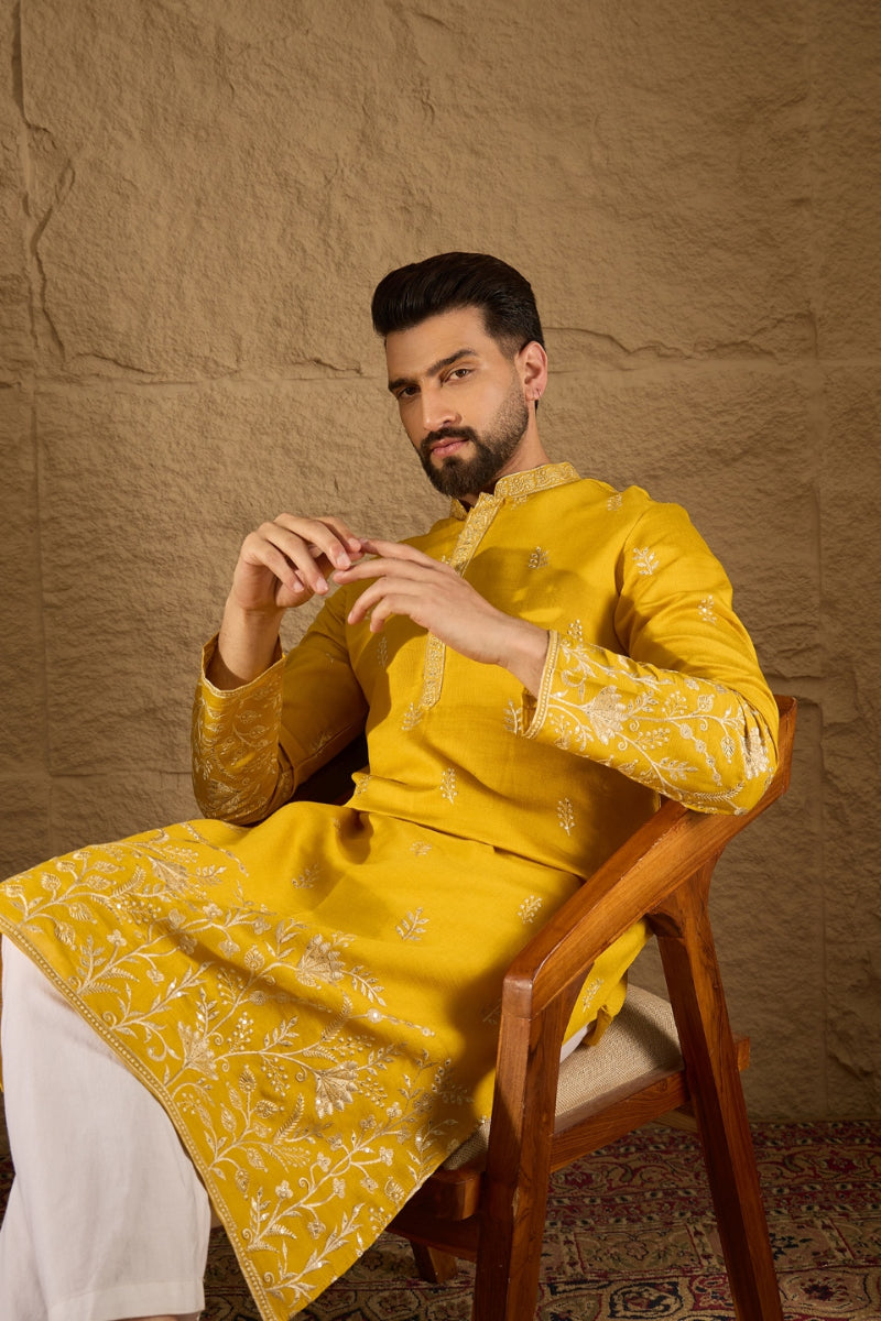 Yellow Chanderi Silk Embroidered Straight Kurta HOPMKU1314