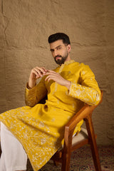 Yellow Chanderi Silk Embroidered Straight Kurta HOPMKU1314